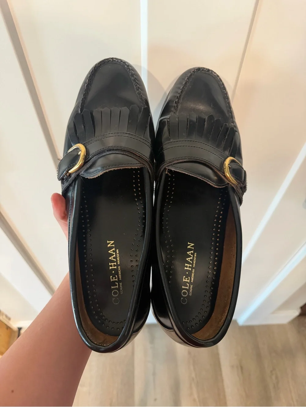Cole Haan Black Leather Kiltie Loafers with Gold Buckle Men’s Size 12